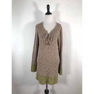 Soft Surroundings‎ Sweater Open Weave Brown Green Stripe Lace Up V-Neck Tunic L